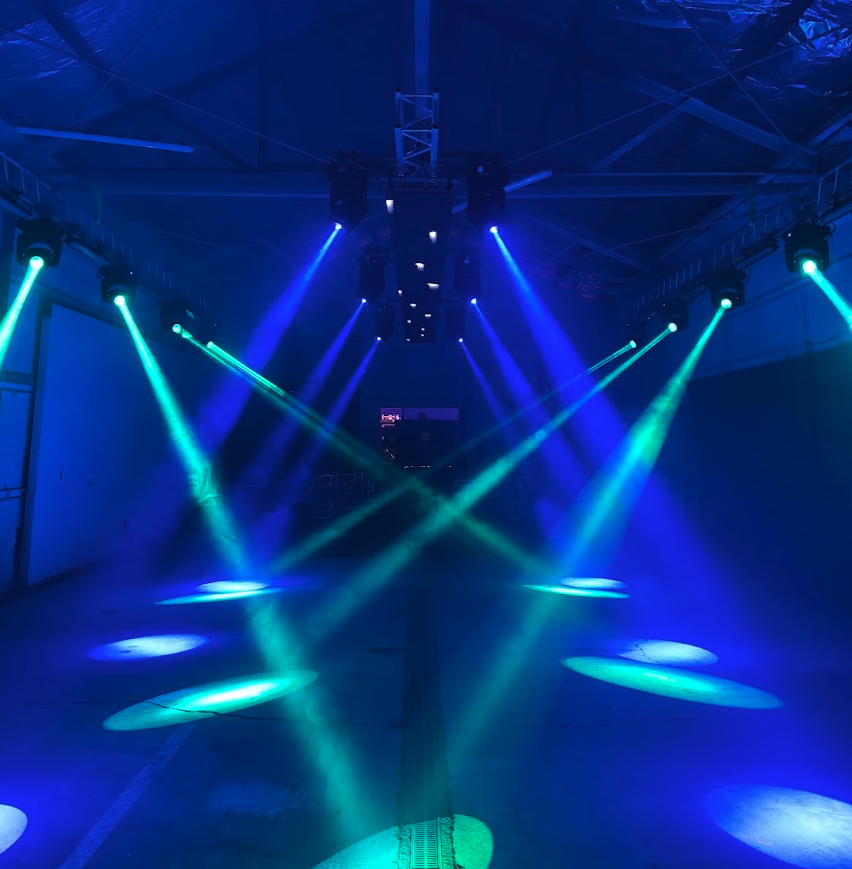 Flatmate Gig moving head lighting truss haze and DJ booth - full production and crew, event lighting hire Christchurch, AV production NZ