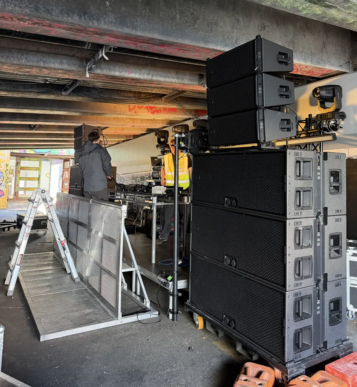 Line array speaker stacks rigged at a Christchurch event