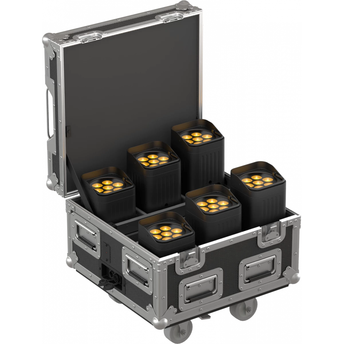 Case of six wireless battery uplights set up for hire in Christchurch